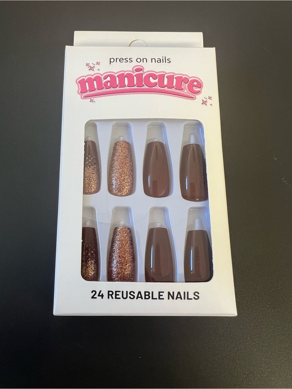 Press-On Reusable Nails - Brown with Rose Gold Glitter